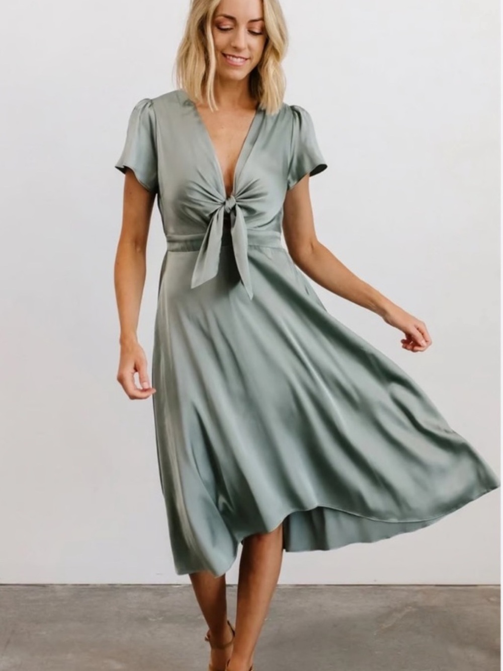Baltic Born Poppy Sage Green Tie-Front Midi Dress